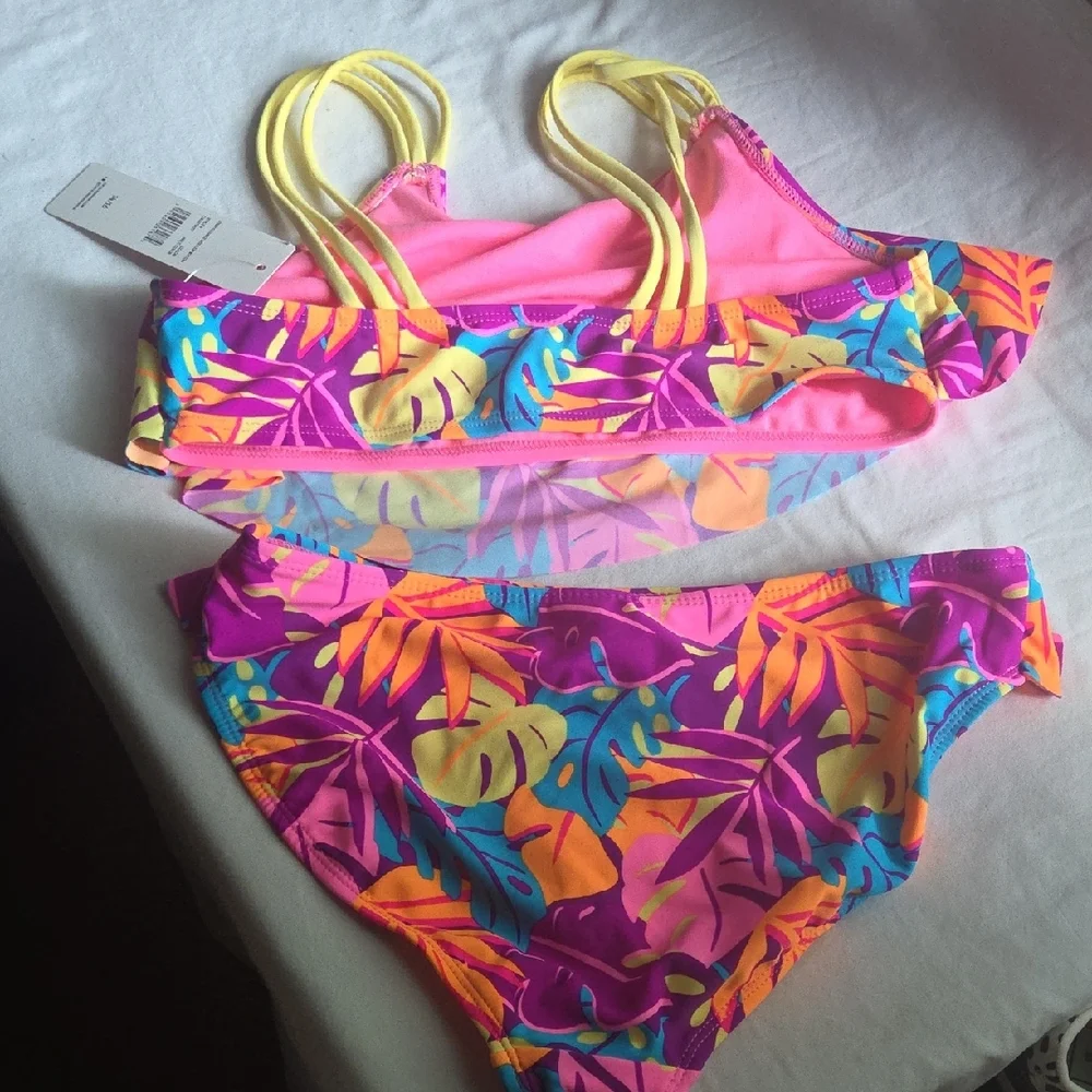 Catalina Kids Bikini Set in Pink and Blue Leaf Print - Picture 3 of 3